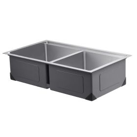 33 inch Kitchen Sink Workstation, 304 Stainless Steel Undermount Sink, Drop-In Double Bowl Farmhouse Basin with Ledge & Multiple Accessories